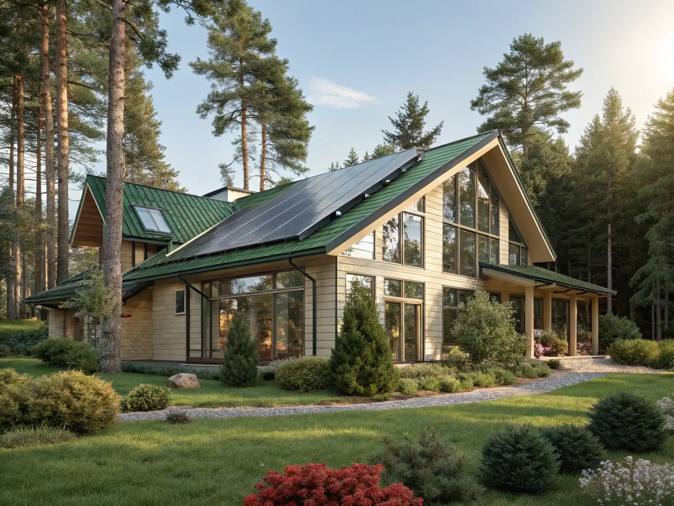 A modern, energy-efficient home with solar panels on the roof, surrounded by lush greenery, showcasing sustainable living.
