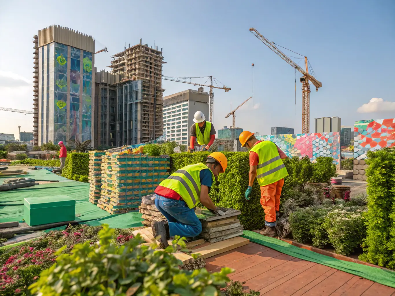 A construction site using sustainable building materials, with workers assembling a structure that blends seamlessly with the natural environment.