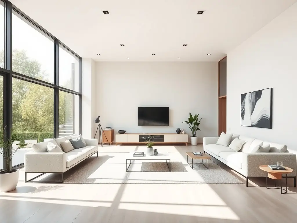 An interior shot of a modern, open-concept living space with sleek lines, minimalist decor, and large windows offering ample natural light.